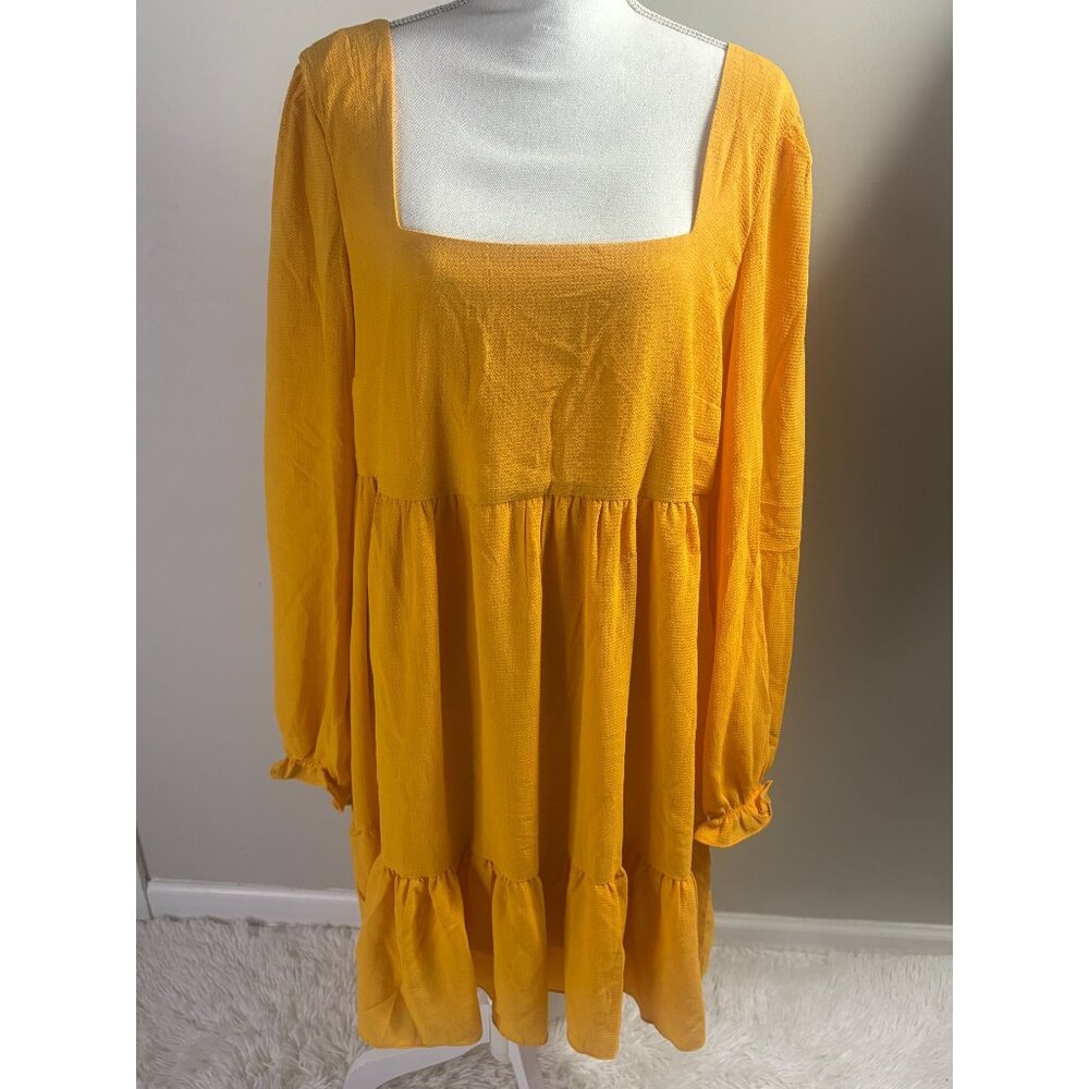 BCBG Yellow Long Sleeve Square-Neck Tiered Dress XL